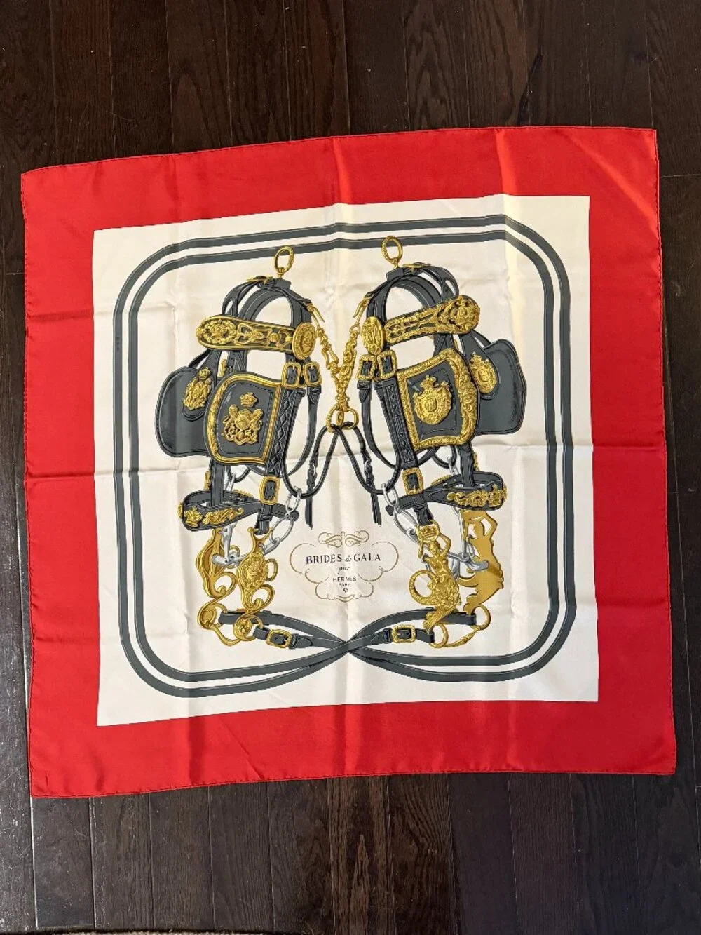 Hermes Red, Cream, Gray & Gold Bridle Print Silk Scarf